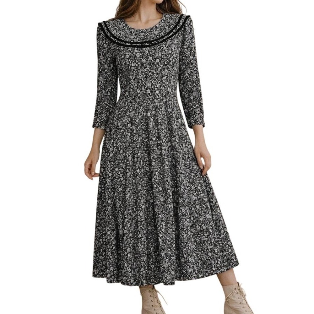 Vintage 90s Nancy Johnson Black White Floral Prairie Dress Sailor Collar Size 6‎